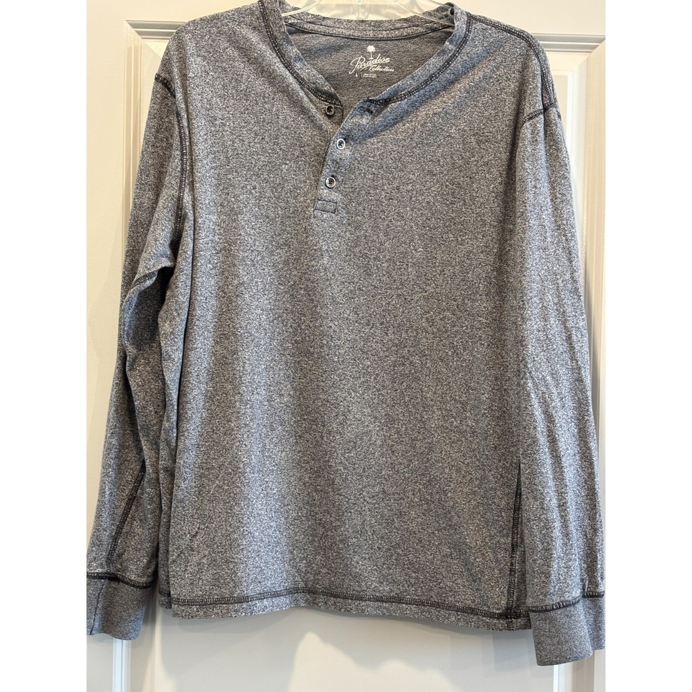 Paradise Shirt Mens Large Heather Gray Cotton Henley Neck Casual Wear Outdoor